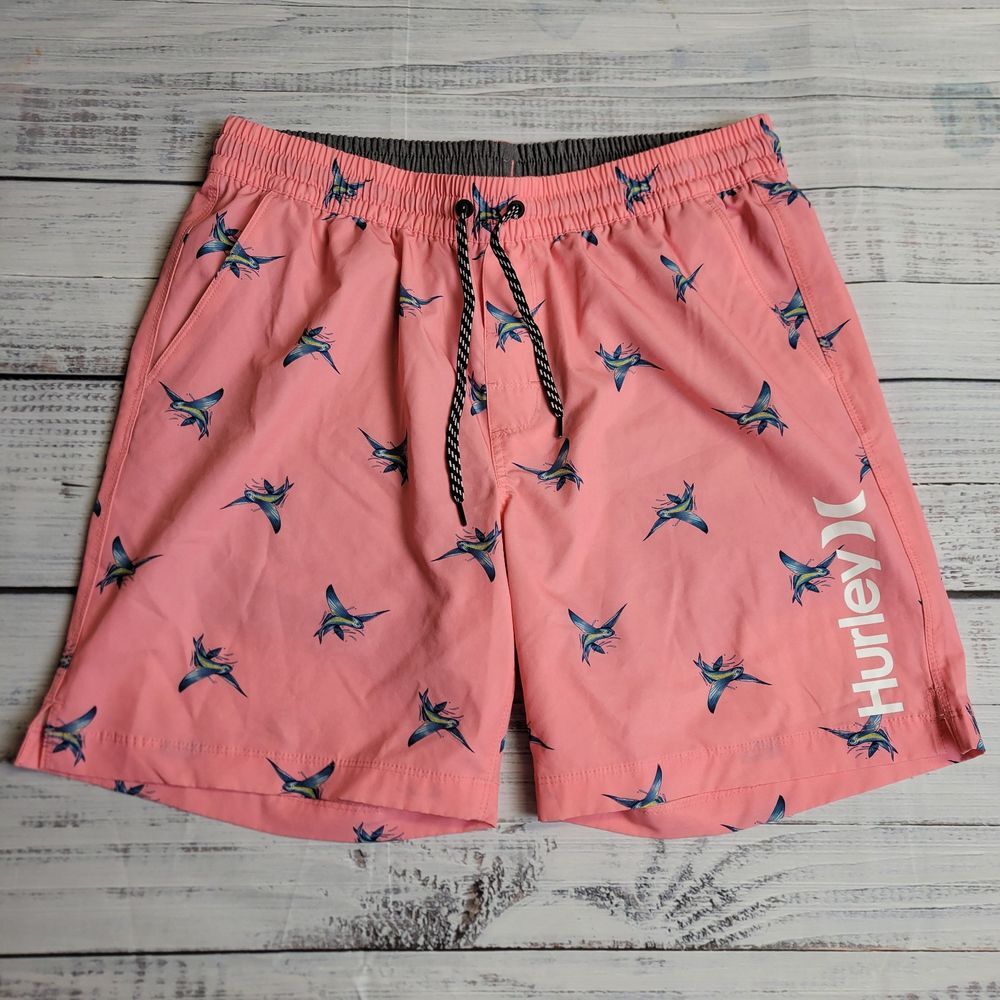 Hurley Mens Large Volley Board Shorts Elastic Waist Pink Blue Fish Lined 18" Leg